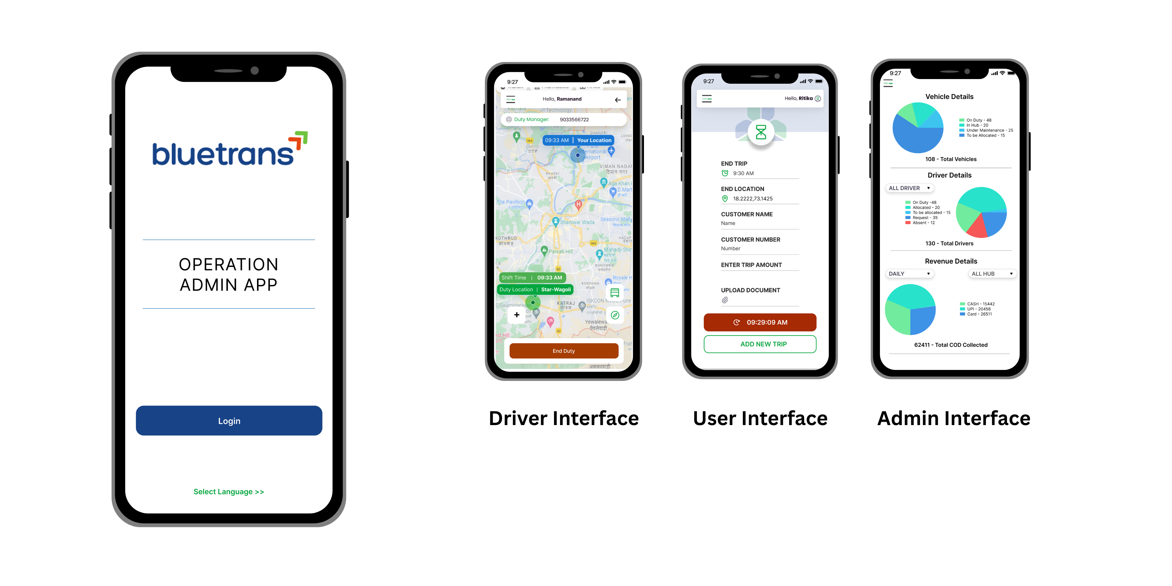 Bluetrans Mobility App — driver, user and admin interfaces with EV fleet